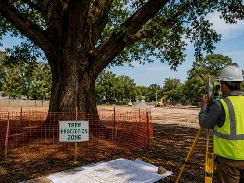 Land surveyor measuring a mature protected tree near a fenced root protection area before site construction begins.