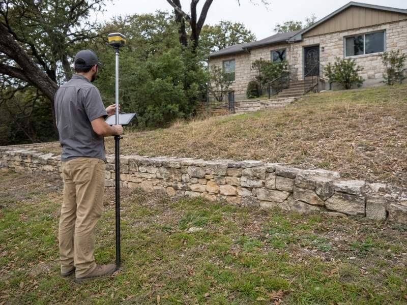 Topographic Survey Split Level Lot Austin TX - Austin Land Surveying Topographic Survey crew measuring grade changes on a split level residential lot in Austin TX