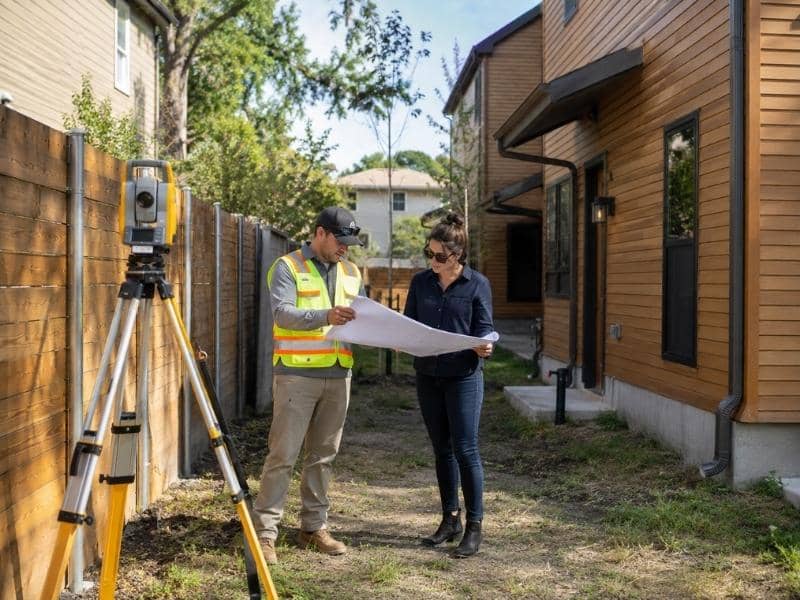 property-survey-austin-tx-architect-site-planning - Austin Land Surveying Property Survey in Austin TX with a surveyor measuring a tight residential site for architectural planning