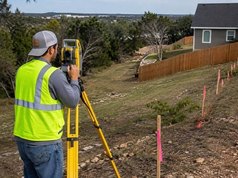 Survey for Fence professional marking angled property boundaries on an irregular residential lot in Austin Texas