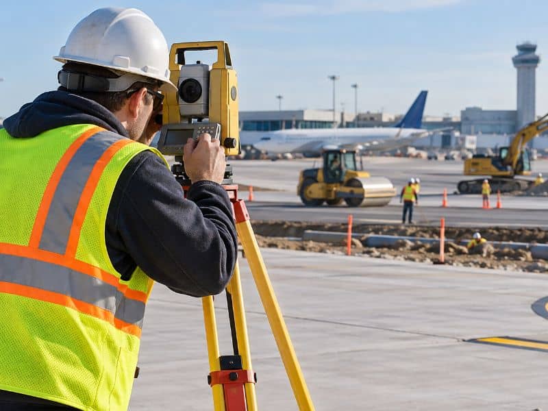 Construction Surveyor Airport Taxiway Control Austin Texas - Austin Land Surveying Construction surveyor using a total station for airport taxiway control in Austin Texas